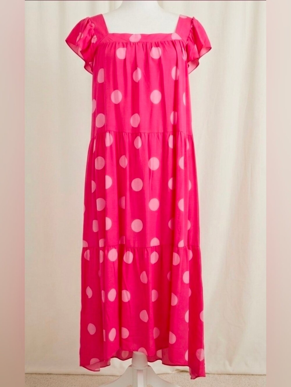 Mlle Gabrielle Pink Polka Dot Tiered Midi Dress Flutter Sleeve Boho Chic Small